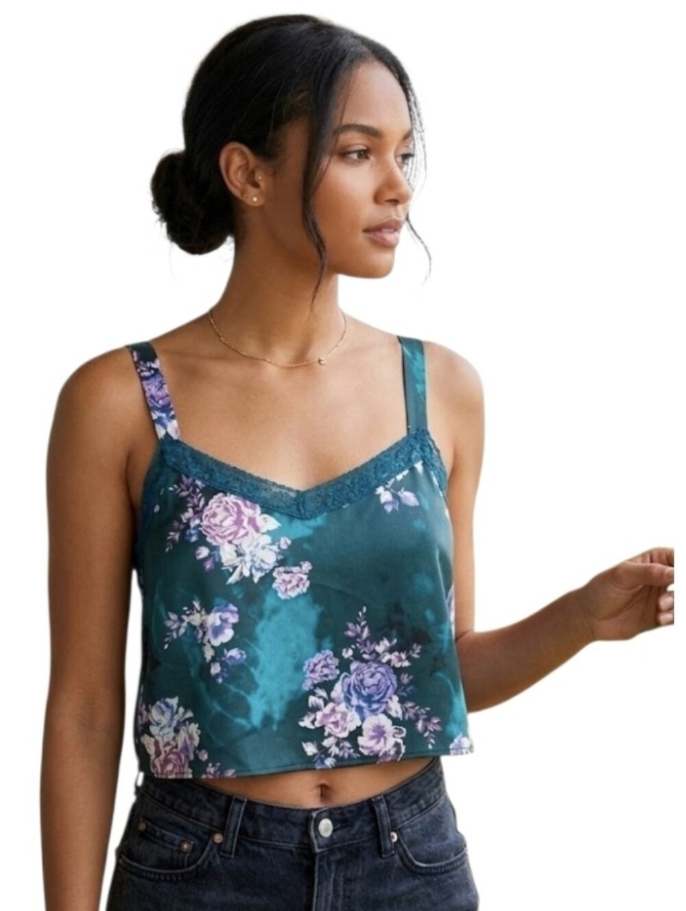 Floral Lace Trim Satin Cropped Cami Tank Top